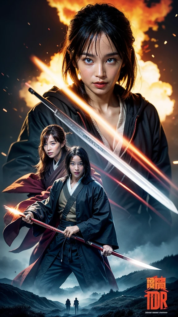 A great poster design featuring Kenshin as the main character "Rurouni Kenshin" A moment of excitement. Capture the essence of his fiery determination and indomitable spirit. He exploded in anger. 直knifeを手にしたアクション, Keep it short, bold, Kenshin's Rage々Strongly conveying the power. Long Hair, ponytail, Redhead, knife, Cross mark on left cheek, high quality, Realistic, 20-year-old male, knifeを手に持つ, Surrounded by fire. The man has a determined attitude, He is wearing a red kimono with an intricate pattern., Pair it with a white hakama .the lighting is real, Emphasise the intensity of a scene.