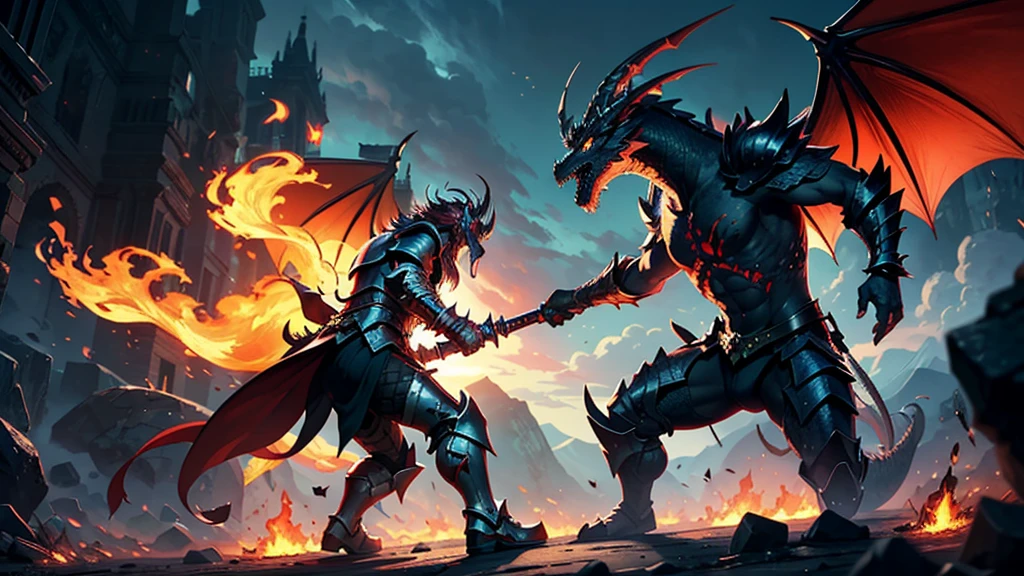 In this intense scene, a fearless medieval warrior faces off against a red dragon, while the castle in the background burns to the ground. The warrior's golden armor reflects courage and spirituality as he prepares for confrontation. The atmosphere is charged with tension and heroism