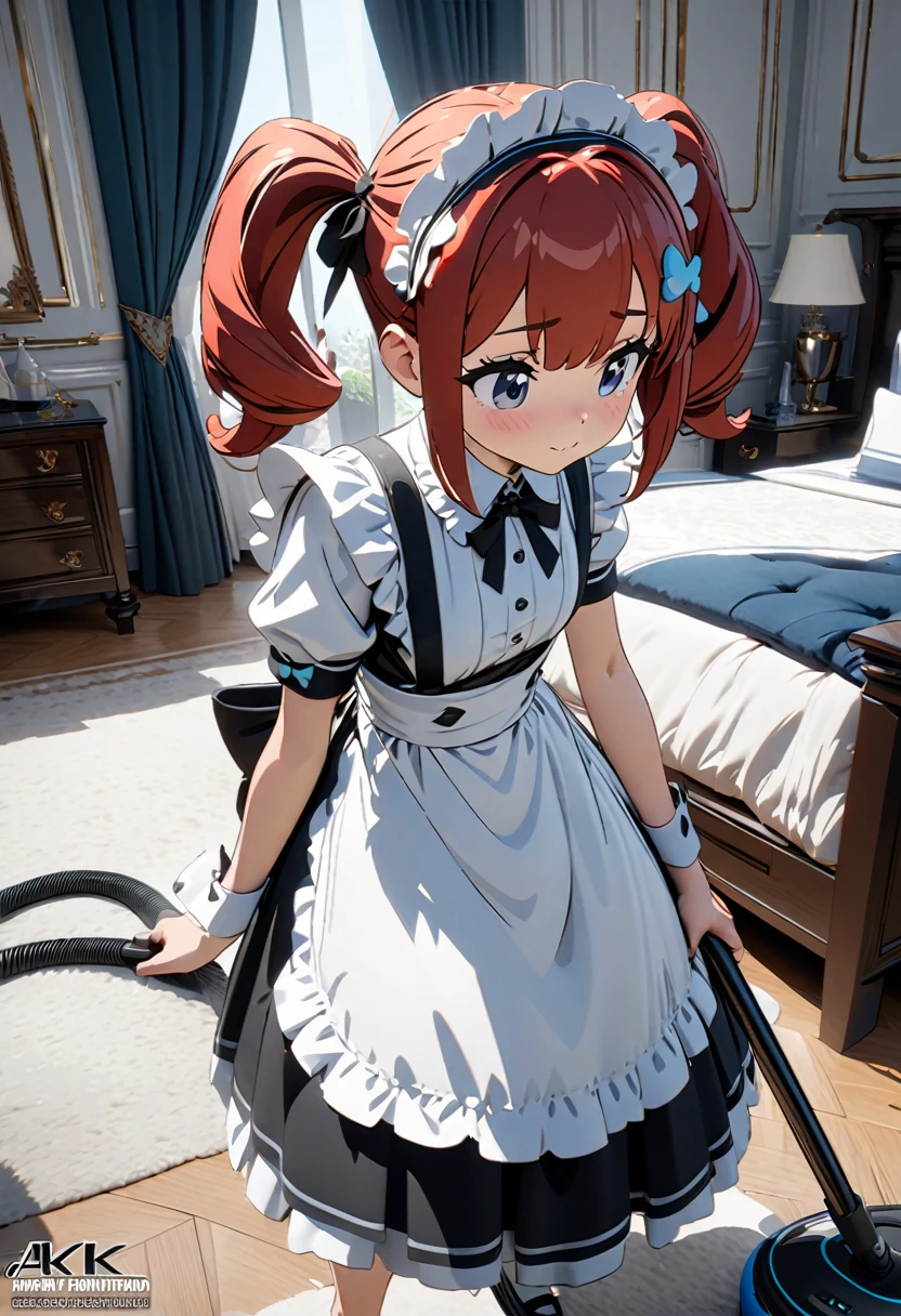 A cute maid-like girl cleaning in the morning,The girl is a very cute girl with red hair and a red twin tail hairstyle.A maid's hair ornament on her head,She's wearing a cute maid outfit.A girl is cleaning a room in a luxurious mansion with a vacuum cleaner.High quality, high definition, masterpiece best quality, 4k, 8k, ultra detail,CGI animation art.