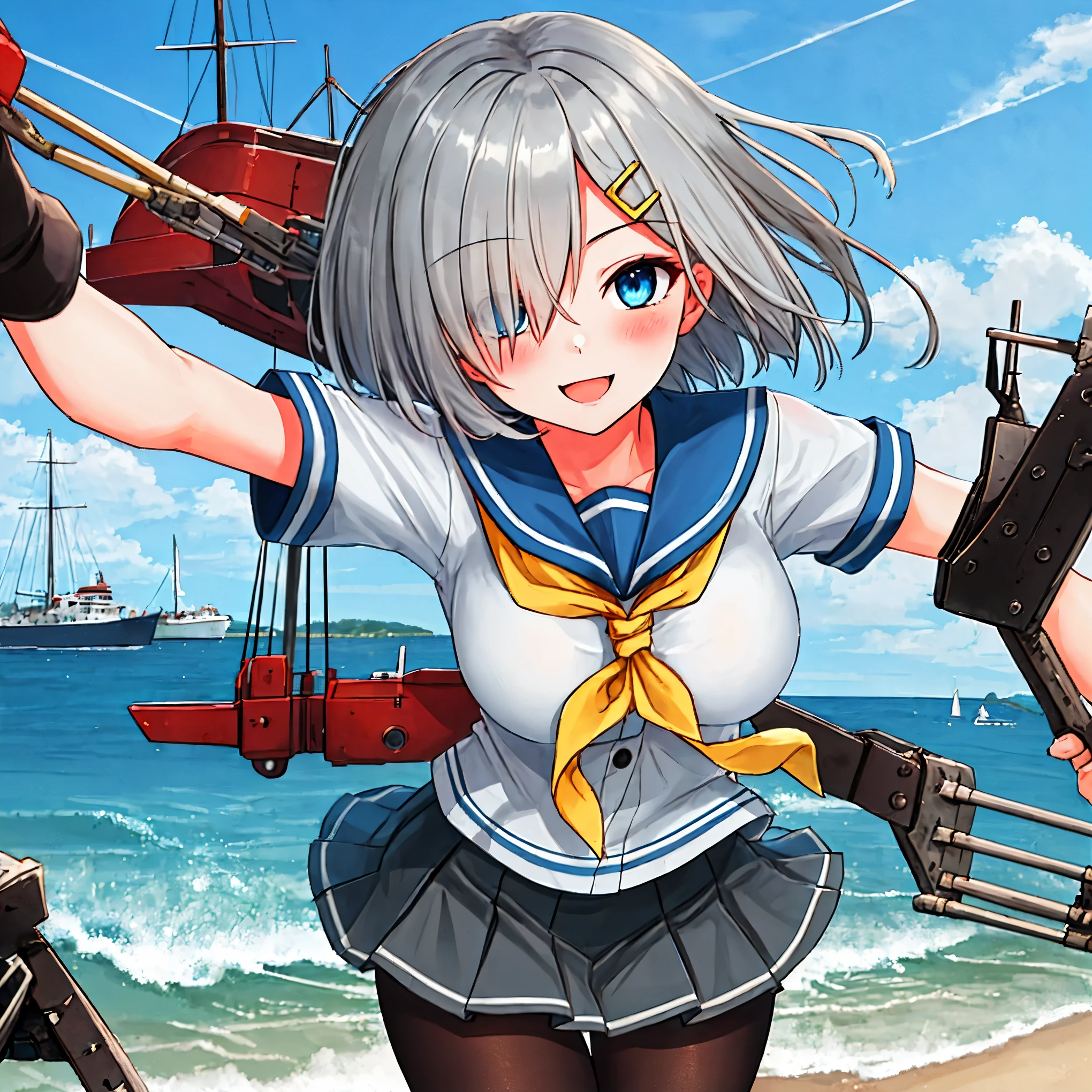 best quality, masterpiece, highres, solo, {hamakaze_kantaicollection:0.90}, 1girl, black_pantyhose, pleated_skirt, serafuku, short_sleeves, simple_background, white_background, yellow_neckerchief, white_gloves, looking_at_viewer, grey_skirt, blush, eyes_visible_through_hair, blue_sailor_collar, dynamic_posing,long_bangs,hair_over_one_eye,harbor_school_landscape_background,outdoor,smile,