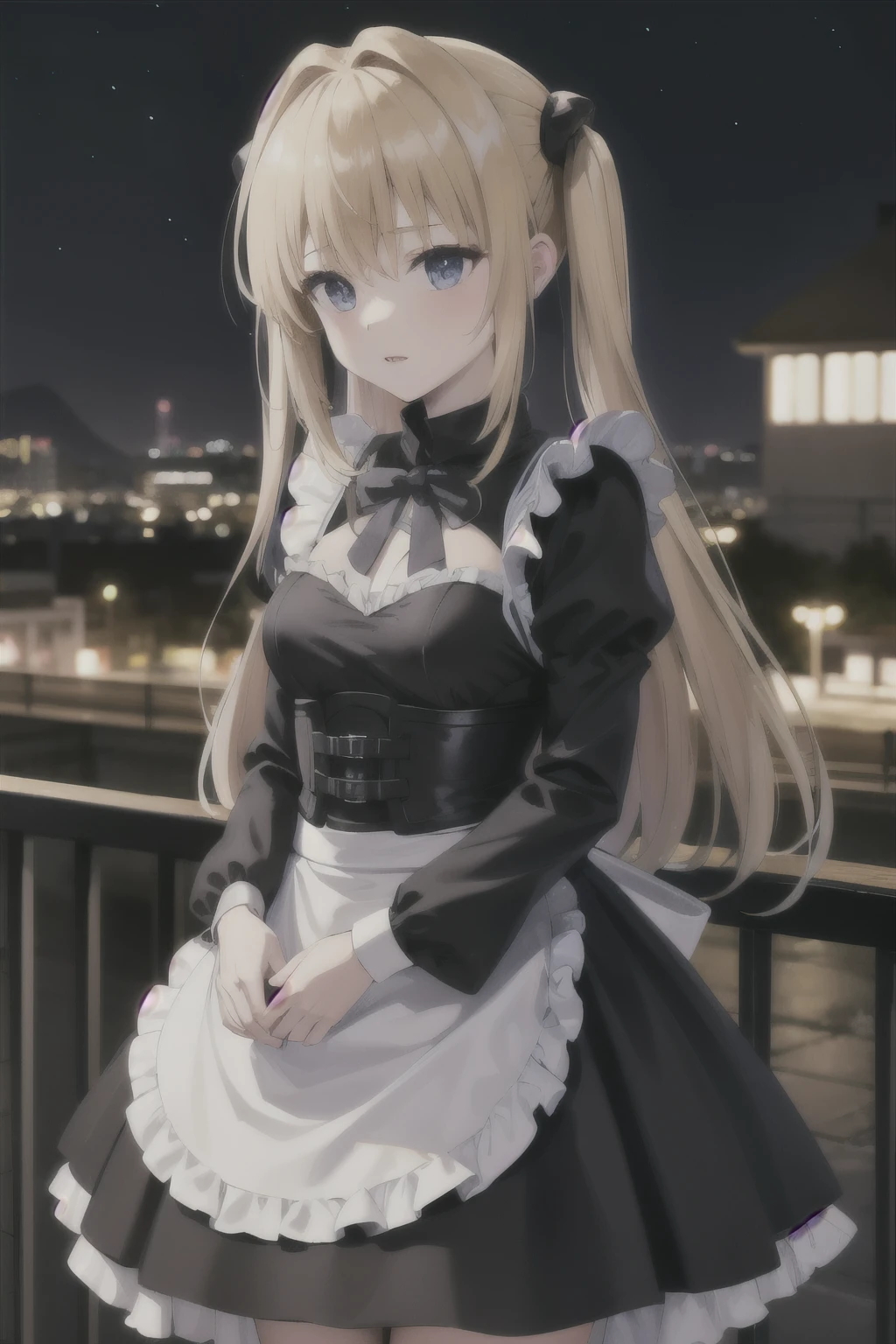 beautiful long blonde　Girl dressed as a black maid　long sleeve　shyness　to milk　garden at night