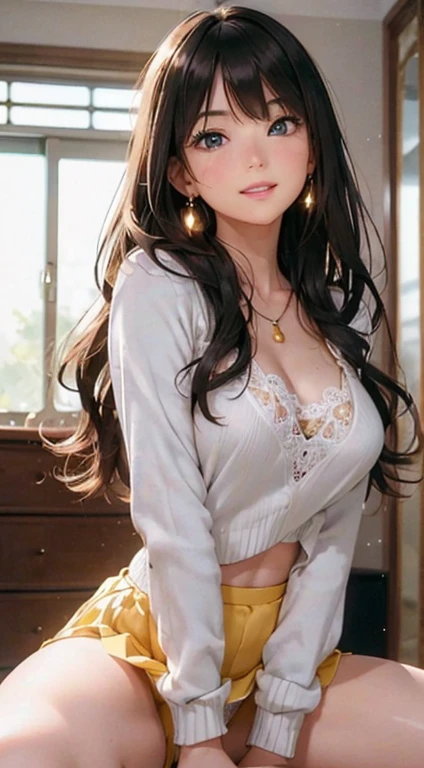 (Tabletop: 1.3), (Maximum resolution: 1.2), (Ultra High Definition TV: 1.2), Cinematic Light, Ultra High Definition TV, (Detailed eyes and skin), (Detailed facial features), Hmph, 8k resolution, Sharp focus: 1.2, Perfect Style, Beautiful Face, Perfect body, Accurate, Anatomically correct, Highly detailed face and skin texture, Detailed eyes, Dark blue eyes, double eyelid, Thin eyebrows, Glitter Eyeliner: 1.2, Natural Cheeks, Glowing Skin, Fair skin: 1.2, Shiny little necklace and earrings, (Glossy Lips: 1.4), break, First Person View, (She is a very cute female teacher), (Light yellow lace panties), (Captivating smile: 1.2), ((Pure and cute girl:1.3)), (Long Wavy Hair), (Light brown hair:1.2), (Cowboy Shot: 1.2), break, ((Very close relationship: 1.2)), Medium large breasts, ((View your audience:1.2)), ((Lady:1.2)), ((Bend your knees and open your legs wide:1.2)), (From the side:1.2),Low angle shot,Full Body Shot Tight sweater with long sleeves Jeans Mini Skirt kitchen Embarrassed look Kaminari is excited An attractive erotic atmosphere Inserting a dildo feels so good 30 years old The straps of the bra are falling down