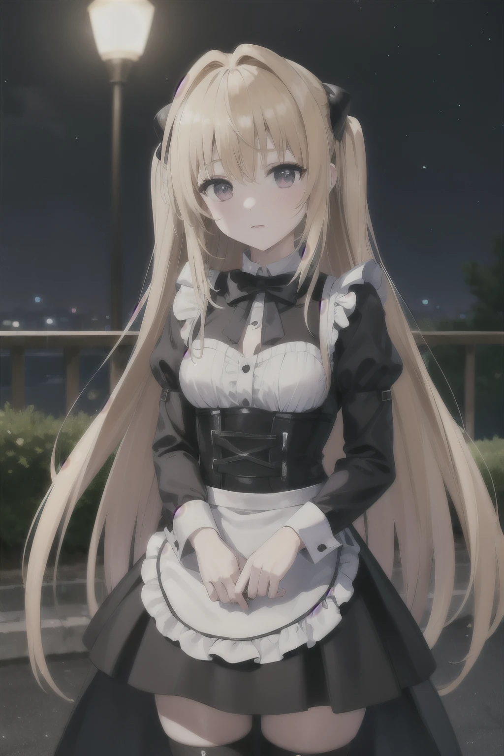 beautiful long blonde Girl dressed as a black maid long sleeve shyness to milk garden at night