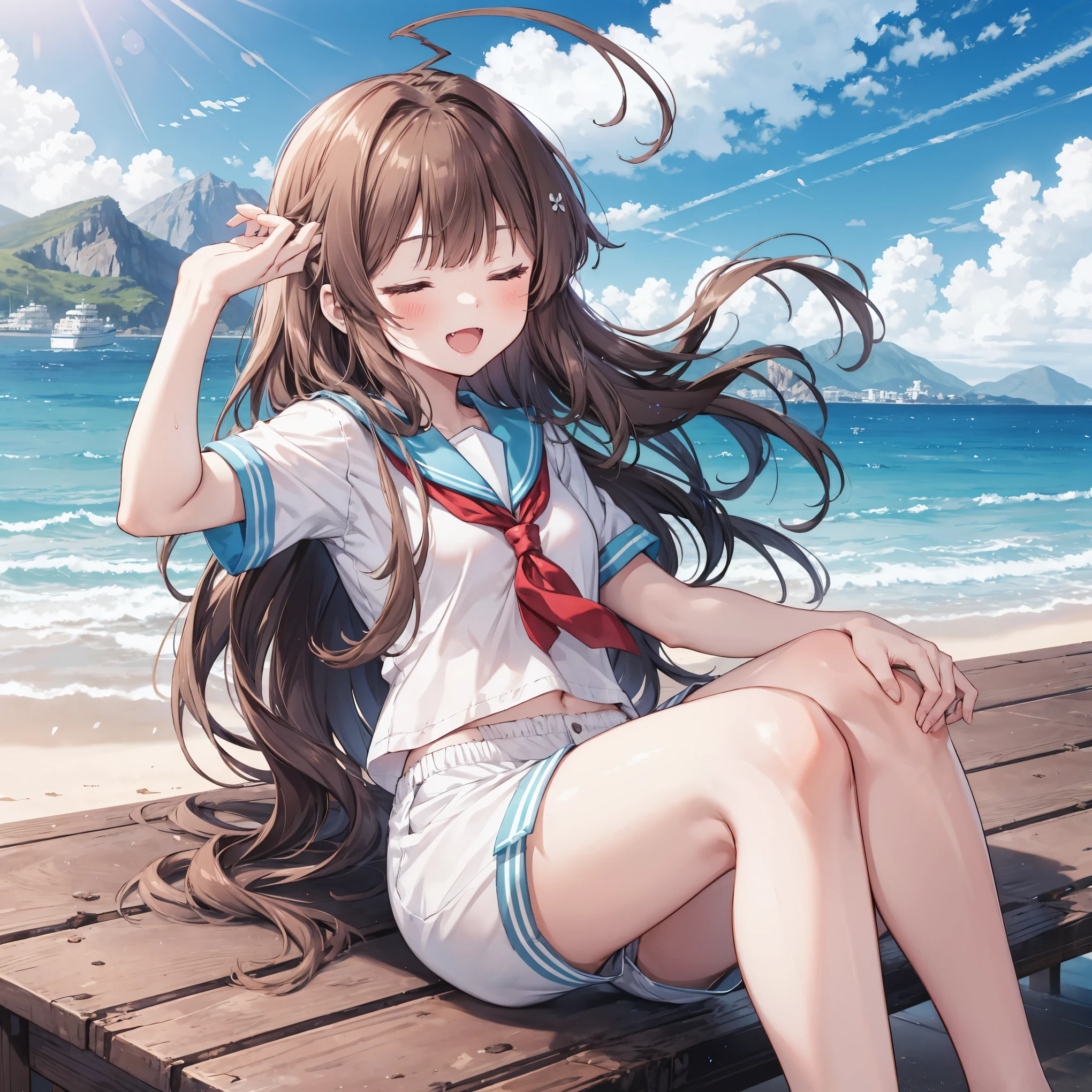 1young_teen_ girl,  brown_hair, long_hair, sailor_uniform,white_ baggy_shorts, short_sleeve, thighs, small_breasts, big_smile, open_mouth, fang, harbor_landscape_background, slightly_spread_legs, happiness, covered_crotch,ahoge,XD,exciting_posing,closed_eyes