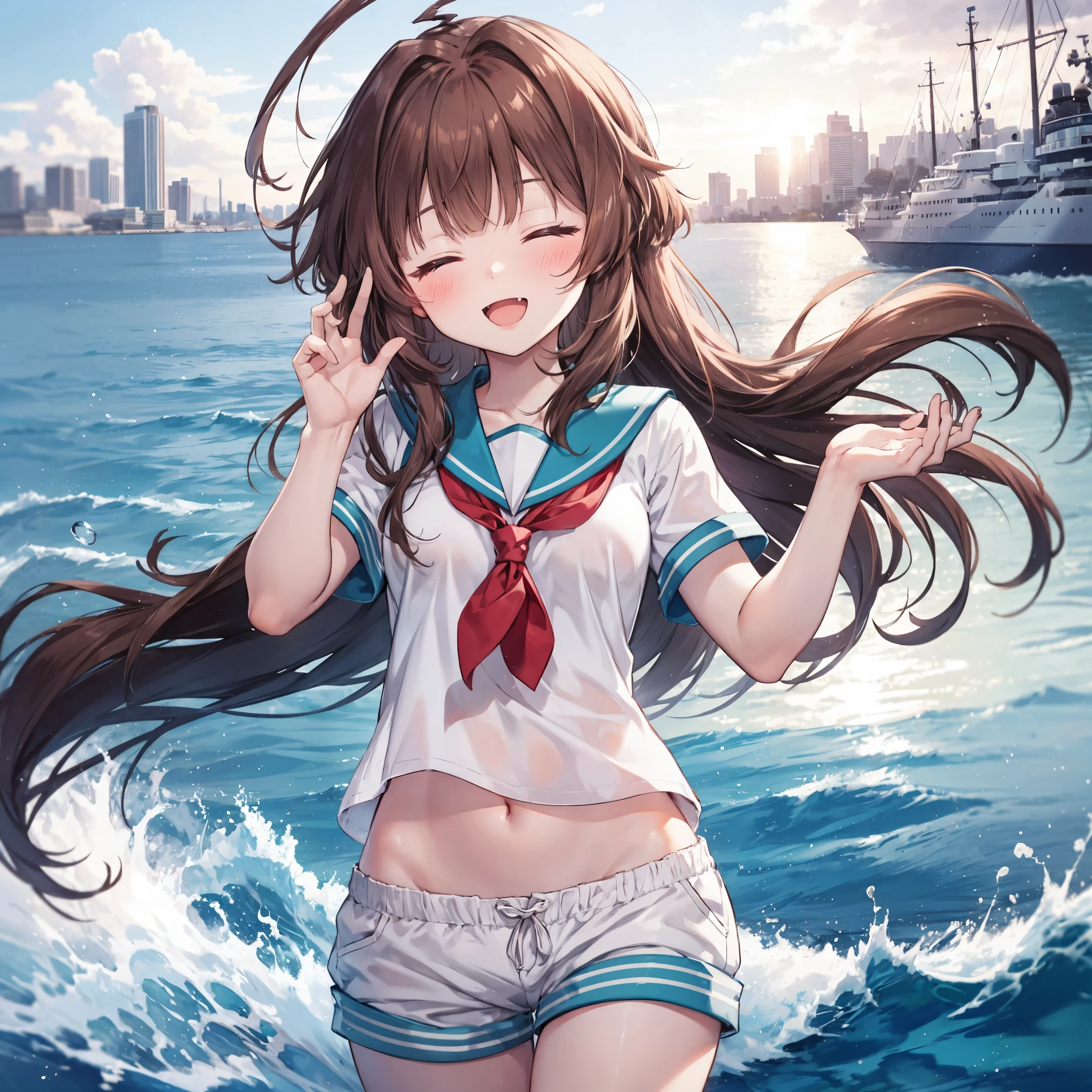 1young_teen_ girl,  brown_hair, long_hair, sailor_uniform,white_ baggy_shorts, short_sleeve, thighs, small_breasts, big_smile, open_mouth, fang, harbor_landscape_background, slightly_spread_legs, happiness, covered_crotch,ahoge,XD,exciting_posing,closed_eyes