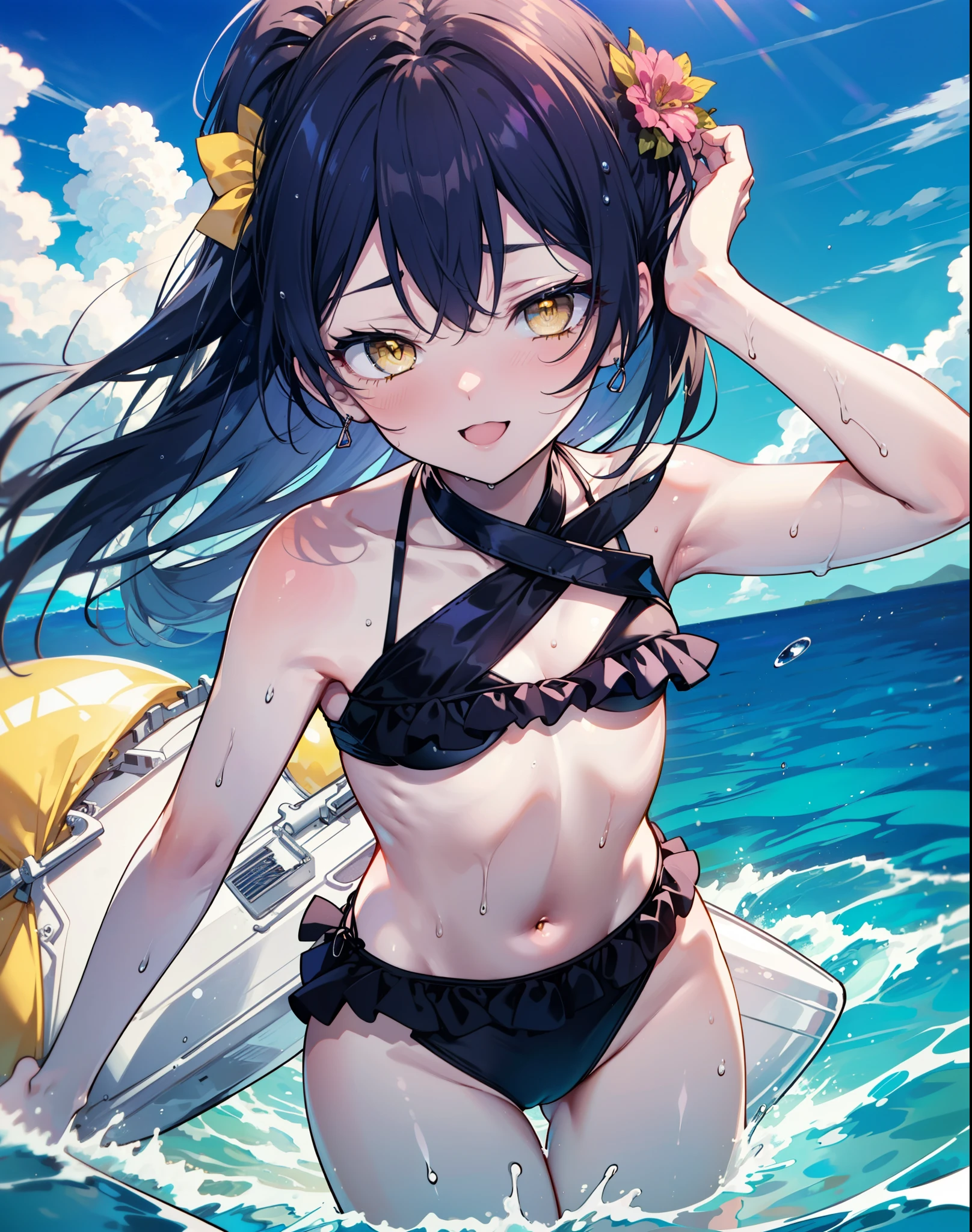 Umi Sonoda, Long Hair, Blue Hair, (Yellow Eyes:1.5) (Flat Chest:1.2),,happy smile, smile, Open your mouth,Black bikini swimsuit with frills,barefoot,Water Play,True Summer,Clear skies,Daytime,Wet swimsuit,Wet Skin,Wet Hair, break looking at viewer, whole body, (Cowboy Shot:1. 5) break outdoors,Beach, break (masterpiece:1.2), Highest quality, High resolution, unity 8k wallpaper, (shape:0.8), (Beautiful and beautiful eyes:1.6), Highly detailed face, Perfect lighting, Highly detailed CG, (Perfect hands, Perfect Anatomy),
