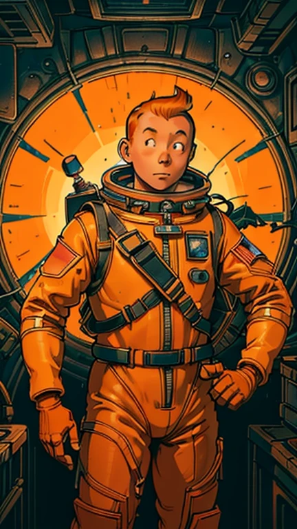 (Teens:1man: Tintin), (extremely detailed CG unit 8k wallpaper),(master part), (best quality), (ultra detali), (best illustration),(StopMotion), cowboy shot, (Sharp eyeliner, ombre, detailed eyes:1),Dark midnight derelict spaceship interiors background, ,break , (astronaut in an orange space suit), upper body, short hair, orange hair