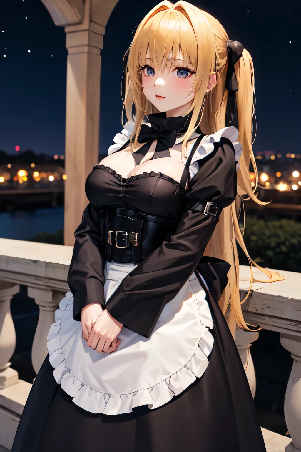 beautiful long blonde　Girl dressed as a black maid　long sleeve　shyness　to milk　garden at night