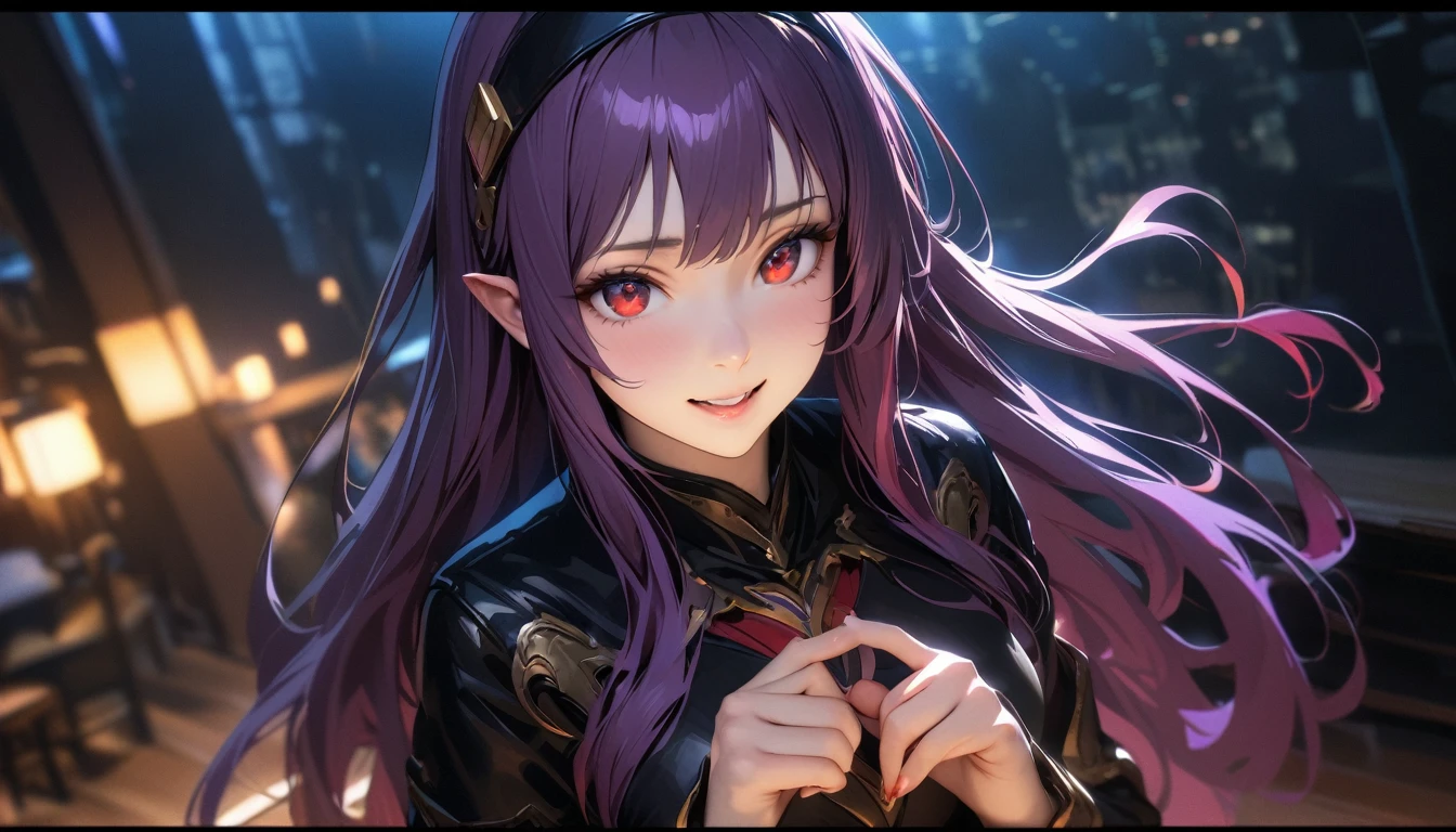 masterpiece, Best quality, 1 girl,photo, Studio photography, realistic:1.2, Littlemasterpiece, yuuki konno from anime SAO, hairband, long hair, pointy ears, purple hair, (red eyes:1.5), Best quality, very detailed, high riding_Yuki, smile, (recognized, tempting, breathtaking, breathtaking, fabulous, startling:1.3), (very detailed, high quality:1.3) Тиндаллаmasuter piece、top quality、Highest standards、Highest image quality、Table、complex parts、a high resolution、depth of field、natural soft light、professional lighting、about, standing, very long hair, cowboy shot, brilliant, brilliant hair, (night:1.2),Dreamy, [[gentle fingers and hands:0.55]::0.85],(detailed fingers),),(emotional),(breathtaking),(main part:1.2) whole body.), (Anime Style), (Super Detailed), (brutal), (uhd, HDR), (8k), (High Resolution: 1.2), (Complex and Beautiful: 1.2)