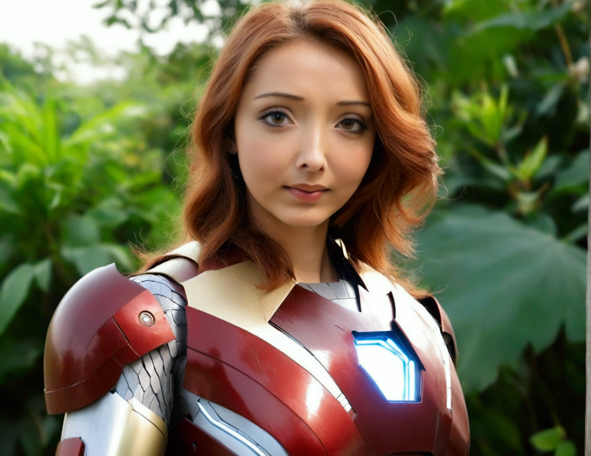 A cute woman (age 25, sexy Iron Man armor) is in the role of super hero Iron Man. She is saving Bangkok in the daytime, heroic struggle, good vs evil
