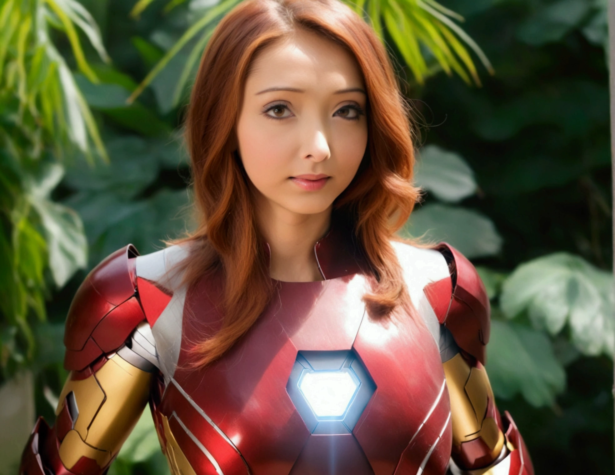 A cute woman (age 25, sexy Iron Man armor) is in the role of super hero Iron Man. She is saving Bangkok in the daytime, heroic struggle, good vs evil
