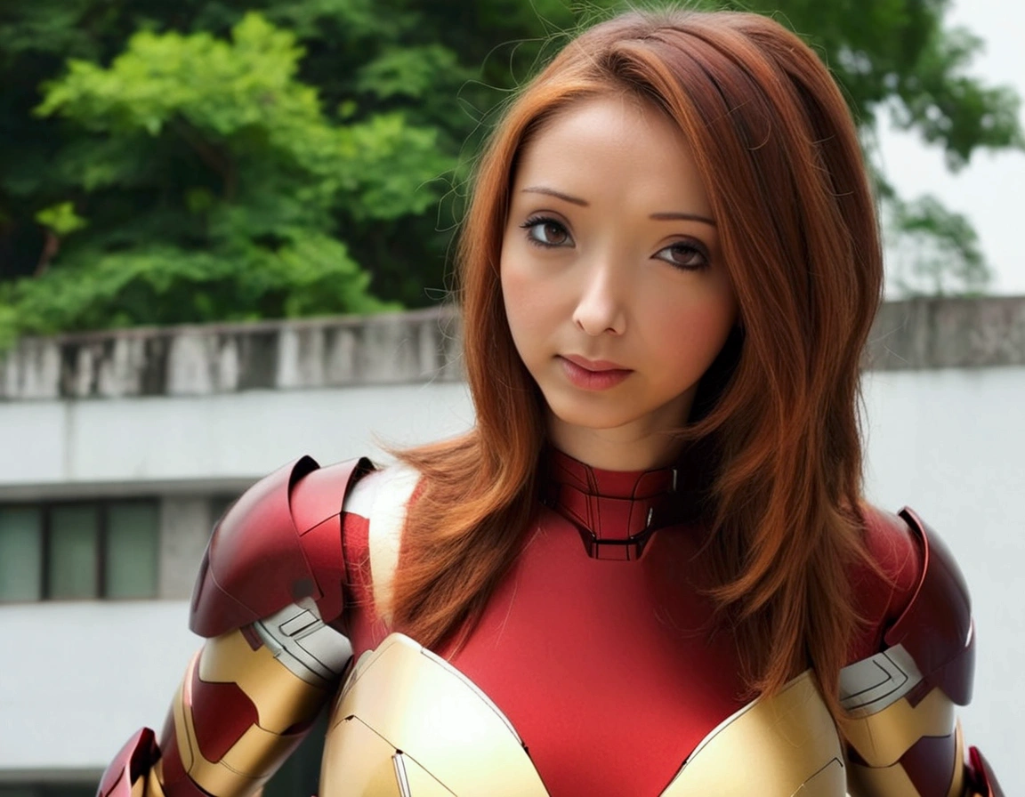 A cute woman (age 25, sexy Iron Man armor) is in the role of super hero Iron Man. She is saving Bangkok in the daytime, heroic struggle, good vs evil