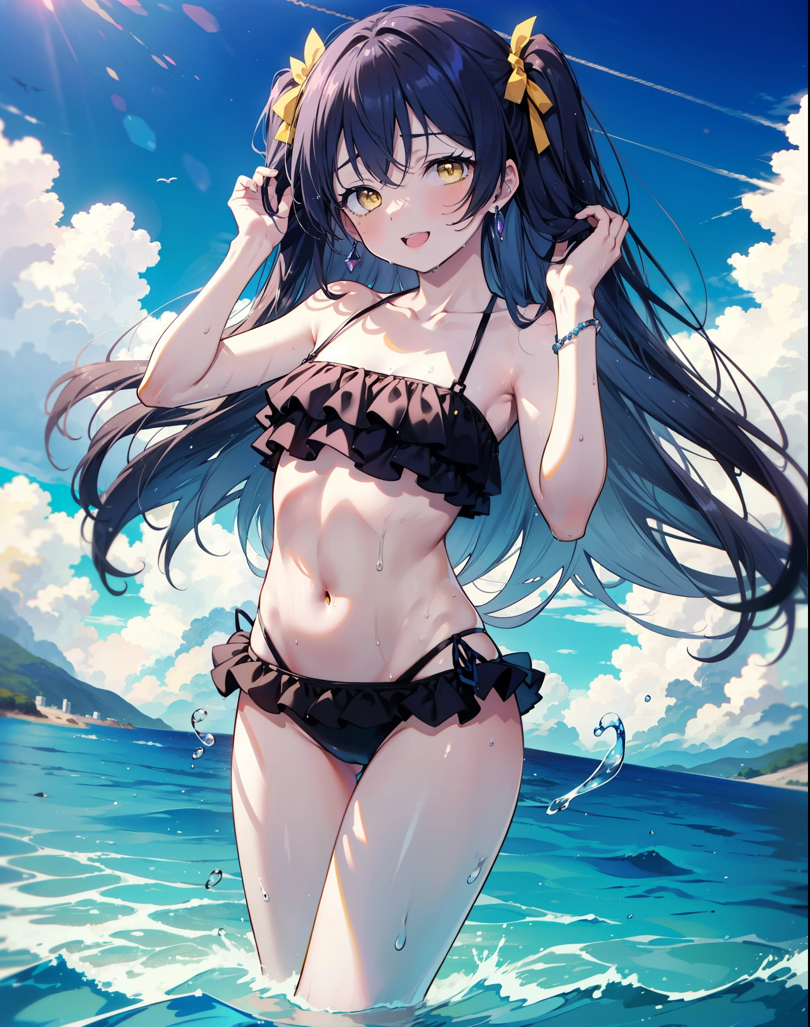 Umi Sonoda, Long Hair, Blue Hair, (Yellow Eyes:1.5) (Flat Chest:1.2),,happy smile, smile, Open your mouth,Black bikini swimsuit with frills,barefoot,Water Play,True Summer,Clear skies,Daytime,Wet swimsuit,Wet Skin,Wet Hair, break looking at viewer, whole body, (Cowboy Shot:1. 5) break outdoors,Beach, break (masterpiece:1.2), Highest quality, High resolution, unity 8k wallpaper, (shape:0.8), (Beautiful and beautiful eyes:1.6), Highly detailed face, Perfect lighting, Highly detailed CG, (Perfect hands, Perfect Anatomy),