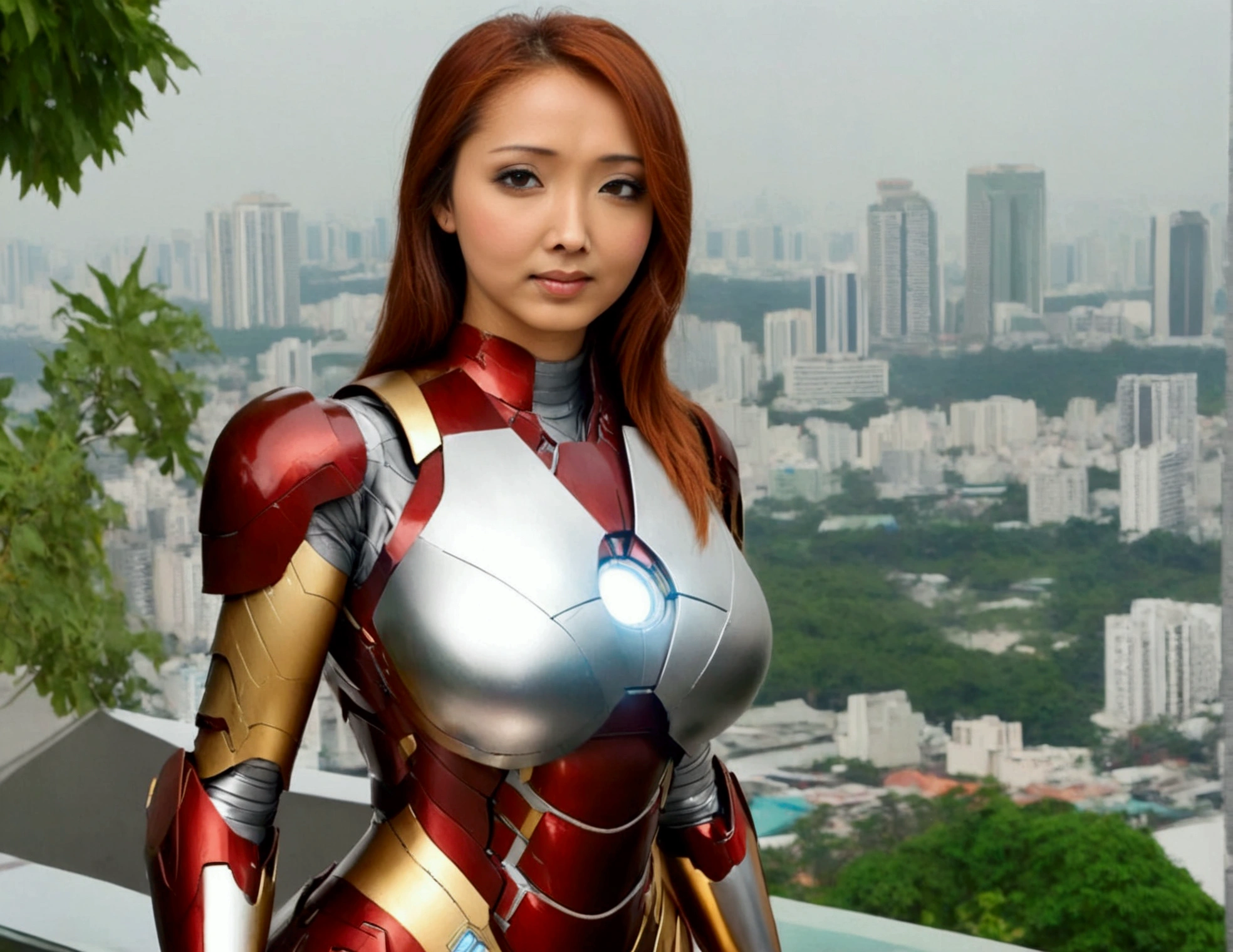 A cute woman (age 25, sexy Iron Man armor) is in the role of super hero Iron Man. She is saving Bangkok in the daytime, heroic struggle, good vs evil
