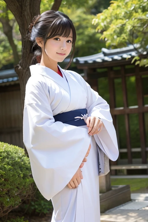 A Japanese high school girl wearing a white kimono