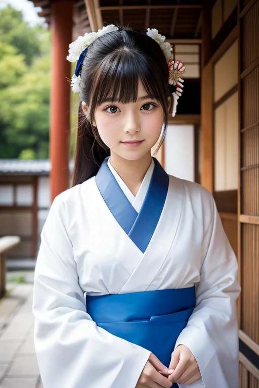 A Japanese high school girl wearing a white kimono