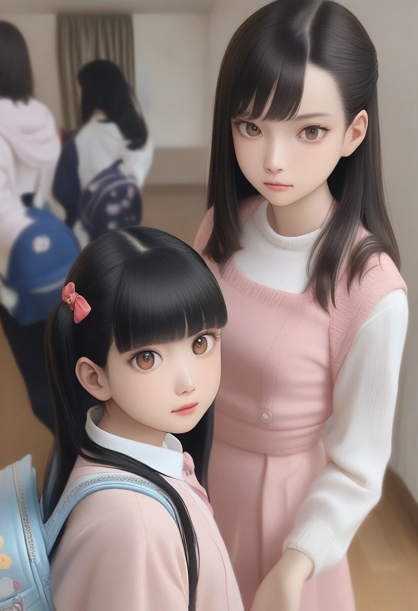 Anime Girls with long black hair and a backpack in a room, Anime Moe Art Style, Beautiful anime school girl, Realistic school girl, hyperRealistic school girl, Cute girl anime visuals, Surreal , cute Anime Girls, attractive Anime Girls, an Anime Girls, Smooth anime CG art, portrait Anime Girls, young Anime Girls, (Anime Girls)