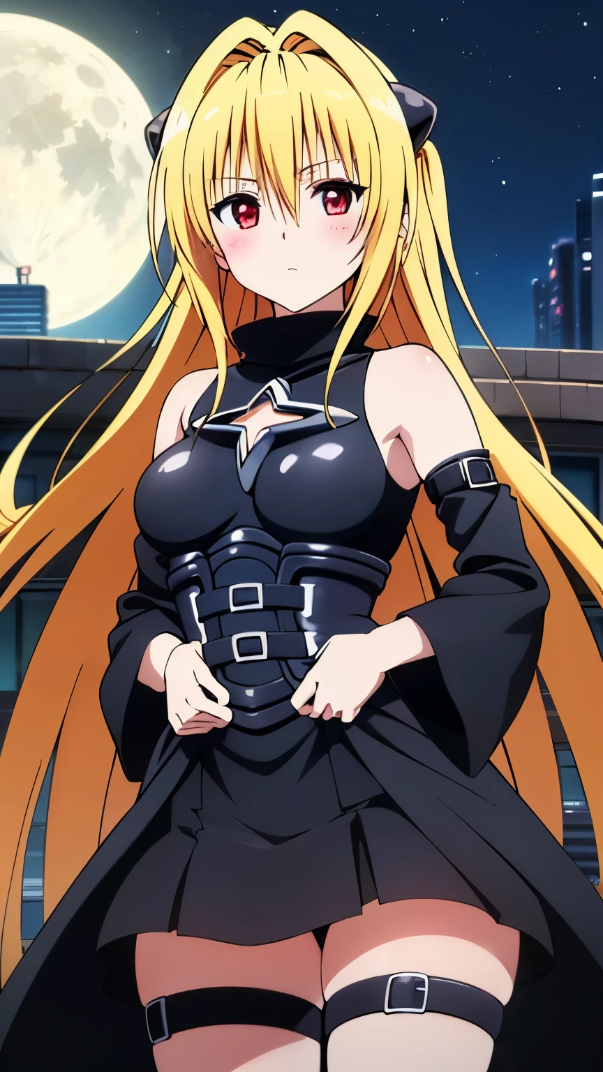 (anime),(1girl),(alone), konjiki no yami, (alone), long hair, blonde hair, hairpins, red eyes, very long hair, hair shots, (expressionless, calm:1.5), (bare shoulders, black dress, clothing cutout, detached sleeves, belt, thigh strap), (medium breasts:1.0), narrow waist, wide hips, wide thighs ,round butt, hair between eyes, blush, hair ornament, two sides up, bangs, cowboy shot, dynamic stance, ultra detailed, detailed eyes, sharp focus, masterpiece, standing, (Night, building rooftop, city, moon), perfect hands, perfect anatomy, floating hair, to love- ru, looking forward,((focus on breasts)) ,perfect anatomy,perfect hands, (looking at viewer), 