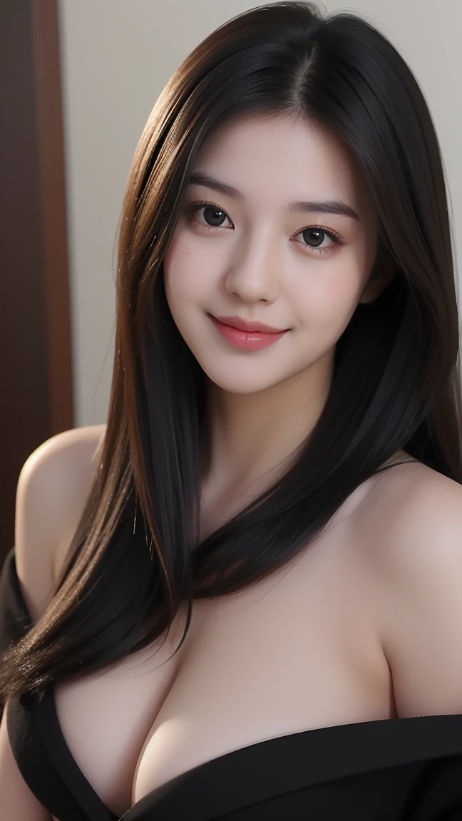 ((Best quality, 8k, Masterpiece :1.3)), Image of a Beautiful Malay superidol. Long black hair:1.3. Beautiful cute girl in coat, (open black coat). Big breasts:1.3, close up cleavage. ((Bare shoulders _depth of field)), atmospheric perspective, Volumetric lighting, Clear focus, absurd resolution, Realistic proportions, Good anatomy, (realistic,Hyper-realistic:1.37), 16K HD, INFO. ((corridor background)), office, bokeh effect, smile , backside