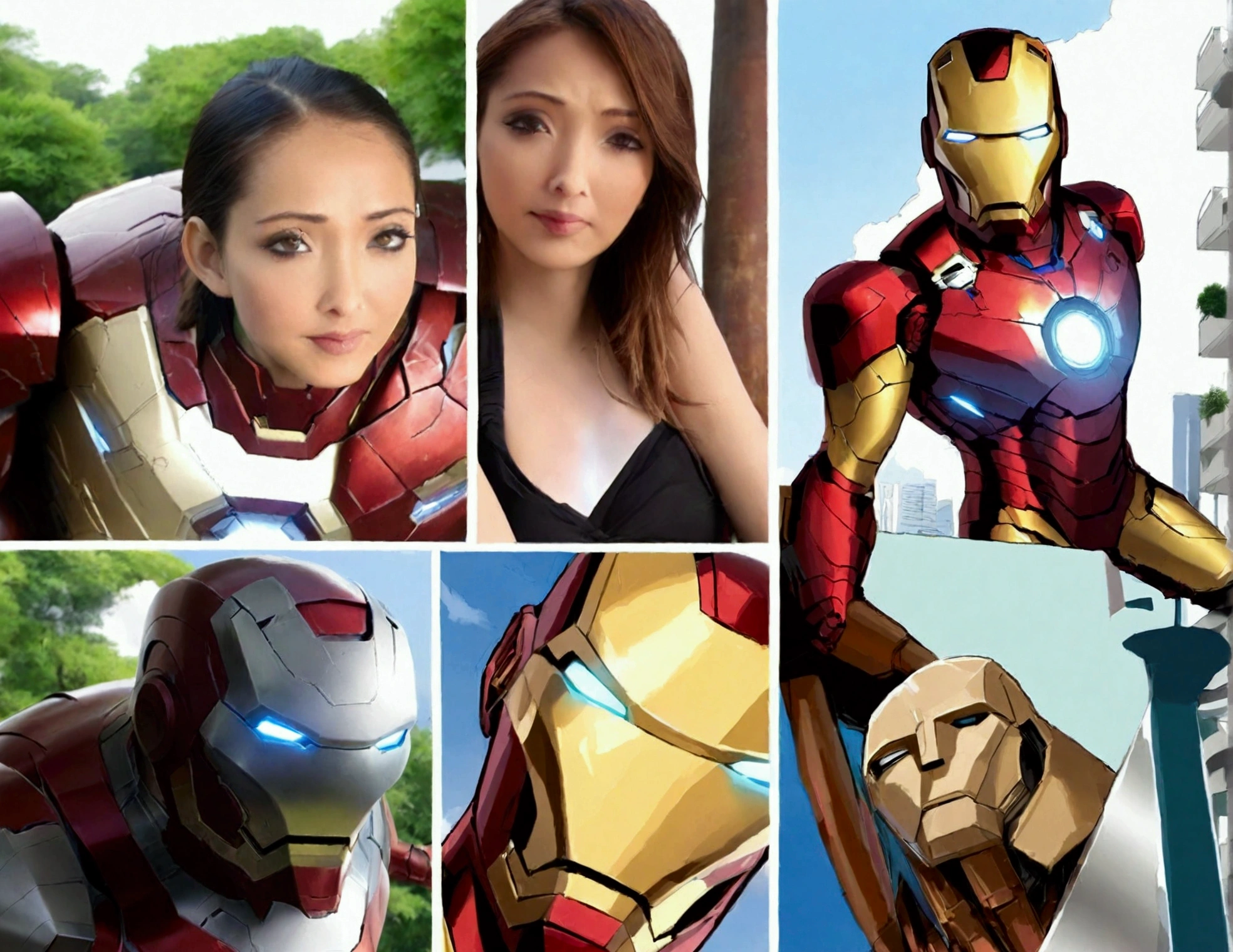 A cute woman (age 25, sexy Iron Man armor) is in the role of super hero Iron Man. She is saving Bangkok in the daytime, heroic struggle, good vs evil
