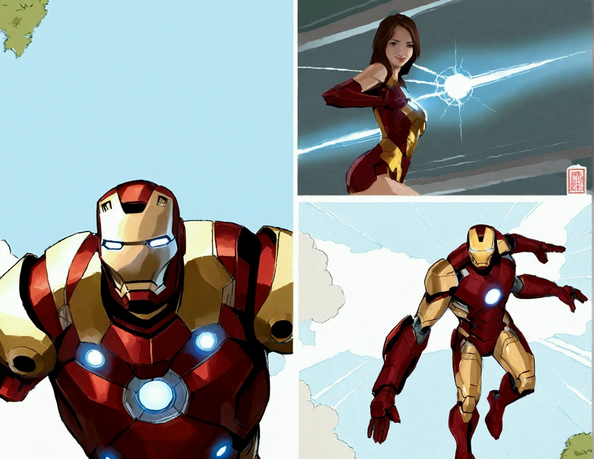 A cute woman (age 25, sexy Iron Man armor) is in the role of super hero Iron Man. She is saving Bangkok in the daytime, heroic struggle, good vs evil