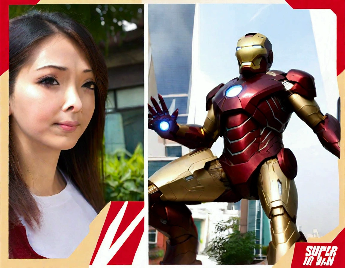 A cute woman (age 25, sexy Iron Man armor) is in the role of super hero Iron Man. She is saving Bangkok in the daytime, heroic struggle, good vs evil
