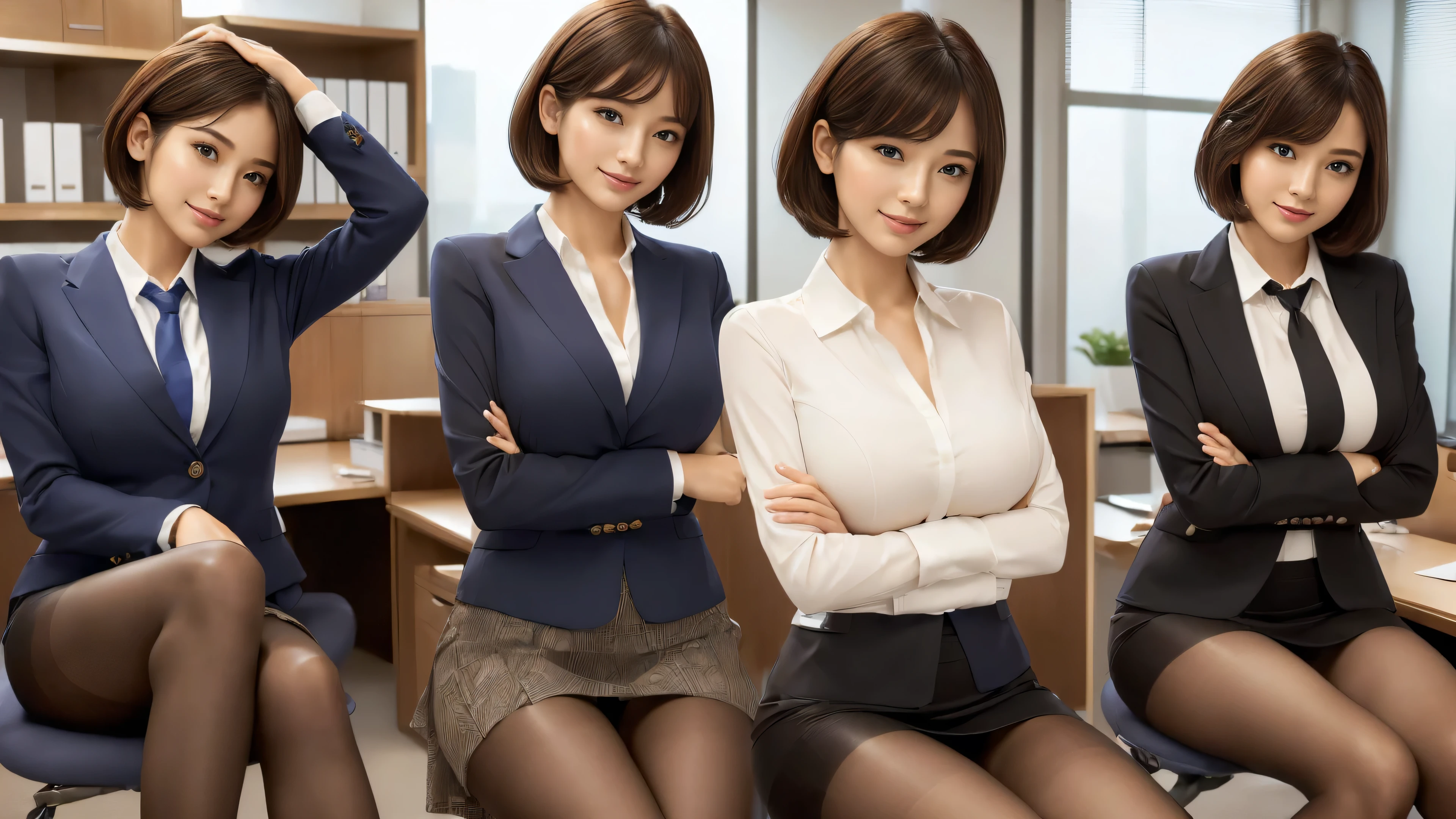 (best quality, masterpiece:1.5), (ultra-detailed, realistic:1.37),4K,(4woman:1.5),(smile:1.3),(4group photo),japanese,cute,beautiful,(short hair),(big breast),(office suits),(skirt),blouse,(black pantyhose),beauty legs,(sexy pose:1.1),(fold your arms behind your head:1.3),(angle from below:1.2),(sitting:1.2),(various country women:1.2),office group