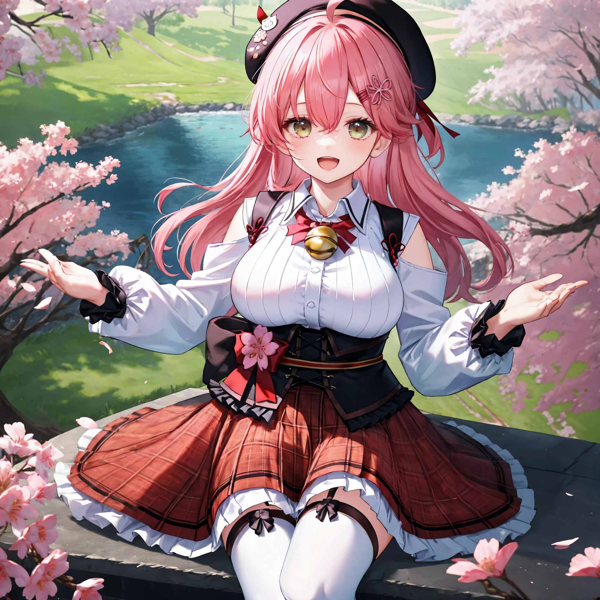 masutepiece, Best_Quality, hight_resolution, miko2,Ponytail, 1girl, Ahoge, black headwear, Hair Ornament, White shirt, black thighhighs, Pink hair, Red_skirt, very_short_skirt, plaid skirts, garter_strap, Collared shirt, hair clips, frilld, Bangs, hair between eye, frills skirt, beret, Pleated skirt, Hair Flower, Neck bell, , puffy long sleeves, Black bow, Underbust, Smile, (large_breasts:1.3),covered_nipples, green_eyes, happy, dynamic_angle,spread_legs,(big_smile:1.2),plump,open_mouth,shout,half_eyes,cherryblossom_park_landscape_background,
