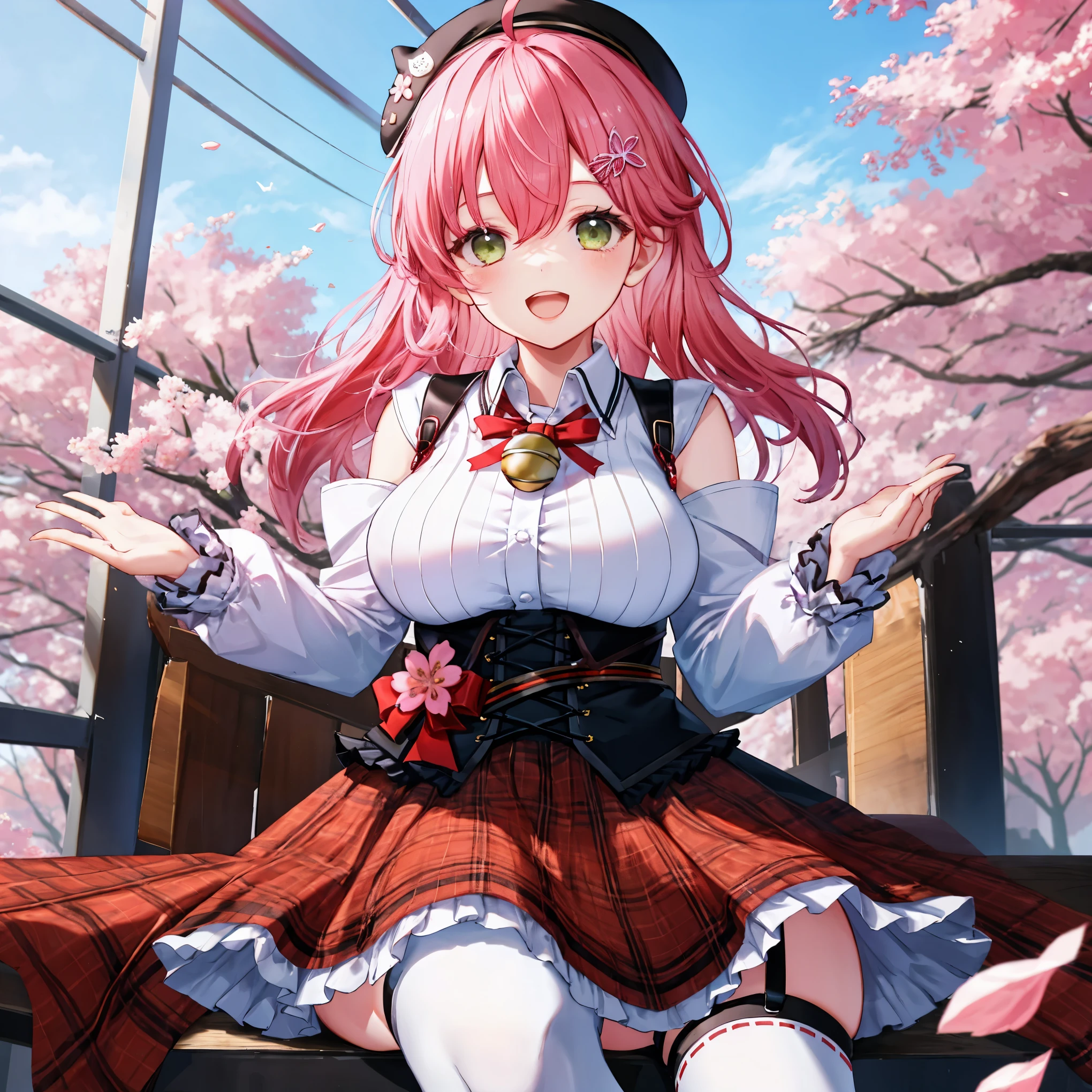 masutepiece, Best_Quality, hight_resolution, miko2,Ponytail, 1girl, Ahoge, black headwear, Hair Ornament, White shirt, black thighhighs, Pink hair, Red_skirt, very_short_skirt, plaid skirts, garter_strap, Collared shirt, hair clips, frilld, Bangs, hair between eye, frills skirt, beret, Pleated skirt, Hair Flower, Neck bell, , puffy long sleeves, Black bow, Underbust, Smile, (large_breasts:1.3),covered_nipples, green_eyes, happy, dynamic_angle,spread_legs,(big_smile:1.2),plump,open_mouth,shout,half_eyes,cherryblossom_park_landscape_background,