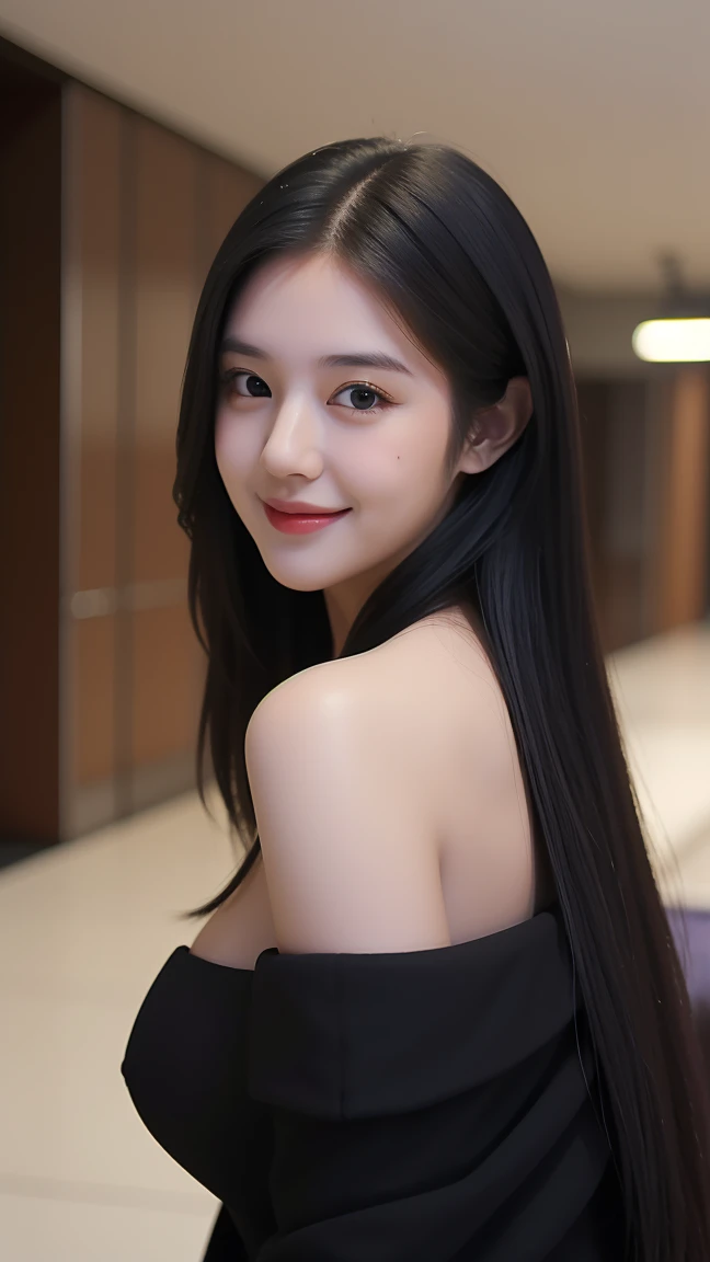 ((Best quality, 8k, Masterpiece :1.3)), Image of a Beautiful Malay superidol. Long black hair:1.3. Beautiful cute girl in coat, (open black coat). Big breasts:1.3, close up cleavage. ((Bare shoulders _depth of field)), atmospheric perspective, Volumetric lighting, Clear focus, absurd resolution, Realistic proportions, Good anatomy, (realistic,Hyper-realistic:1.37), 16K HD, INFO. ((corridor background)), office, bokeh effect, smile , backside