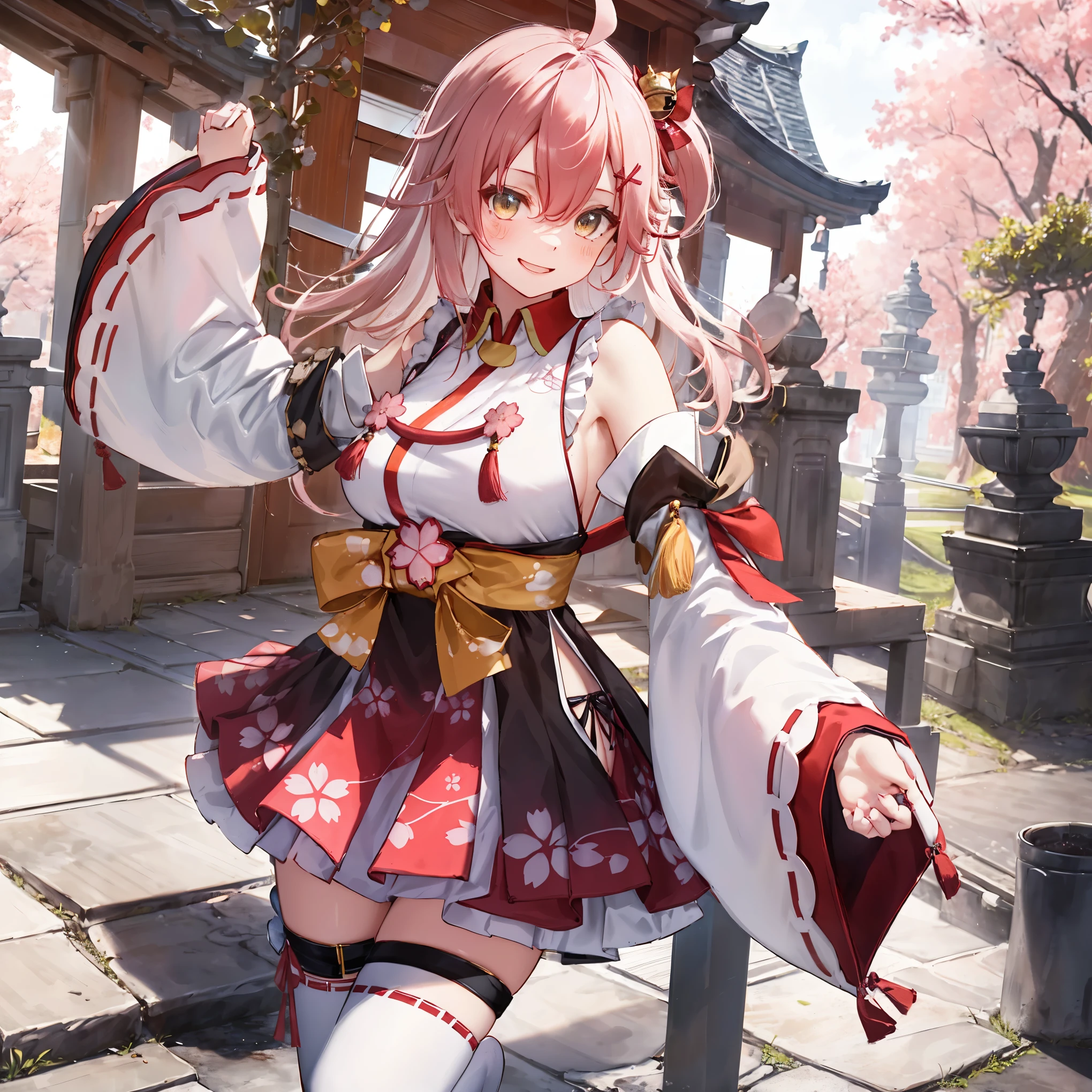 masterpiece, best quality, highres, miko1, sakura_miko, 1girl, big_boobs, solo, ahoge, x_hair_ornament, pink_hair, floral print, hairclip,(side_less_clothes:1.5), (side_boobs:1.5), hair_bell, floral print, long_hair, hair between eyes, one side up, white thighhighs, asymmetrical legwear, wide sleeves, open_mouth,(happy:1.3),gleen_eyes,big_smile,(rise_leg:1.3),plump,apart_legs,(overly_long_sleeves:1.3),),sleeves_past_wrists,hands_hidden_sleeves,sidelock_clothes,dynamic_posing,solo,hidden_wrists,(XD:1.4),covered_nipples,sunlight,cherryblossom_temple_landscape_background,