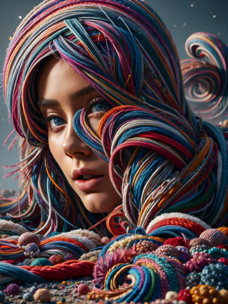 a girl running away from a huge ball of yarn, beautiful detailed eyes, beautiful detailed lips, extremely detailed eyes and face, beautiful eyelashes, scared expression, alone, 1 girl, fantasy, photography, high quality, best quality, 4k,8k, high resolution, masterpiece:1.2, ultra detailed,r ealistic, photorealistic, photorealistic:1.37, HDR, UHD, studio lighting, ultra-fine painting, sharp focus, physically based rendering, extreme detail depiction, professional, vivid colors, bokeh, fantastic art , capricious.