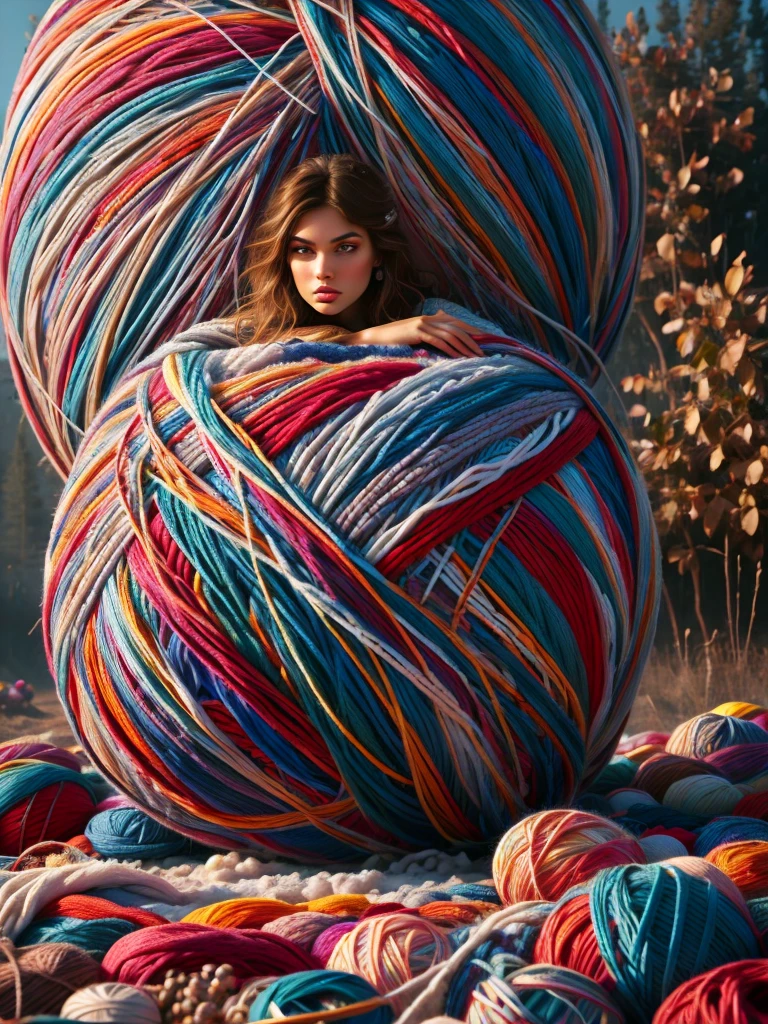 a girl running away from a huge ball of yarn, beautiful detailed eyes, beautiful detailed lips, extremely detailed eyes and face, beautiful eyelashes, scared expression, alone, 1 girl, fantasy, photography, high quality, best quality, 4k,8k, high resolution, masterpiece:1.2, ultra detailed,r ealistic, photorealistic, photorealistic:1.37, HDR, UHD, studio lighting, ultra-fine painting, sharp focus, physically based rendering, extreme detail depiction, professional, vivid colors, bokeh, fantastic art , capricious.