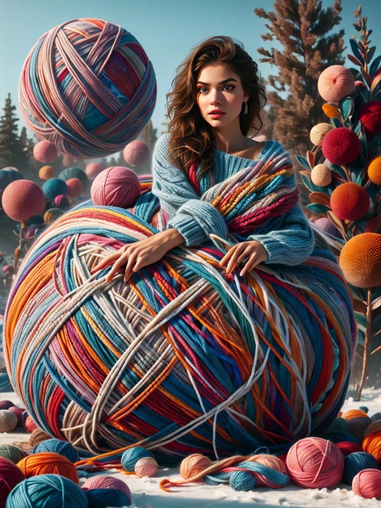 a girl running away from a huge ball of yarn, beautiful detailed eyes, beautiful detailed lips, extremely detailed eyes and face, beautiful eyelashes, scared expression, alone, 1 girl, fantasy, photography, high quality, best quality, 4k,8k, high resolution, masterpiece:1.2, ultra detailed,r ealistic, photorealistic, photorealistic:1.37, HDR, UHD, studio lighting, ultra-fine painting, sharp focus, physically based rendering, extreme detail depiction, professional, vivid colors, bokeh, fantastic art , capricious.