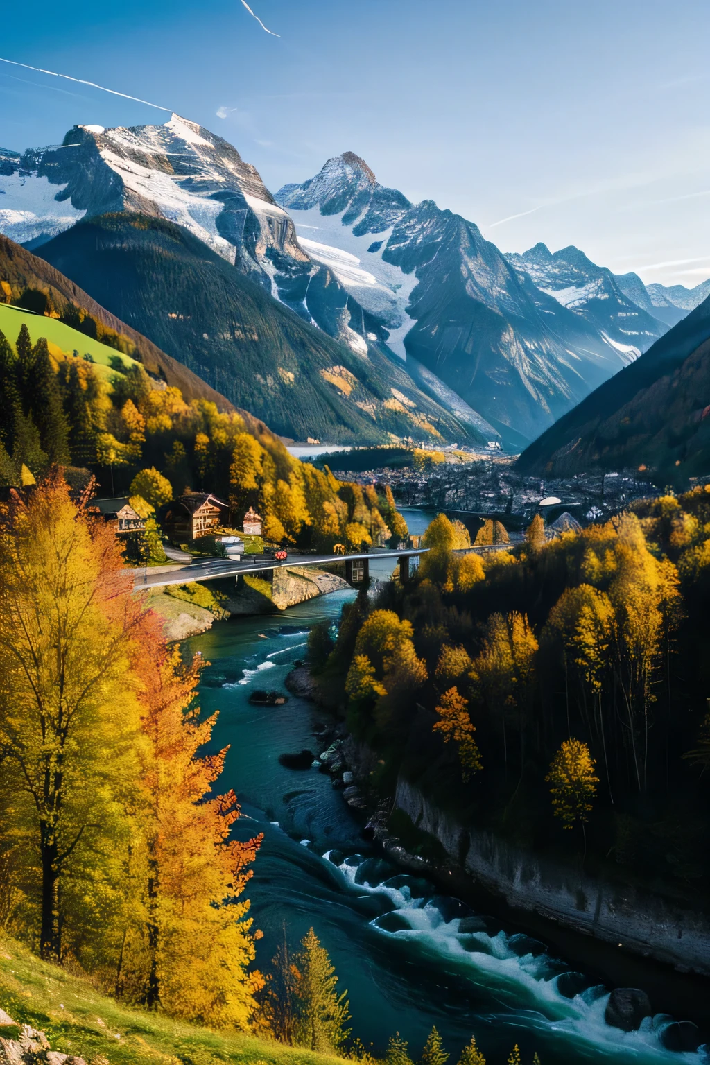 A beautiful view of Switzerland, with mountain, hill, sumset, houses, river,waterfall, highly-detailed, ultra-sharp. 