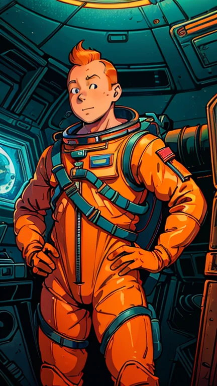 (Teens:1man: Tintin), (extremely detailed CG unit 8k wallpaper),(master part), (best quality), (ultra detali), (best illustration),(coralinefilm), cowboy shot, (Sharp eyeliner, ombre, detailed eyes:1),Dark midnight derelict spaceship interiors background, ,break , (astronaut in an orange space suit), upper body, short hair, orange hair