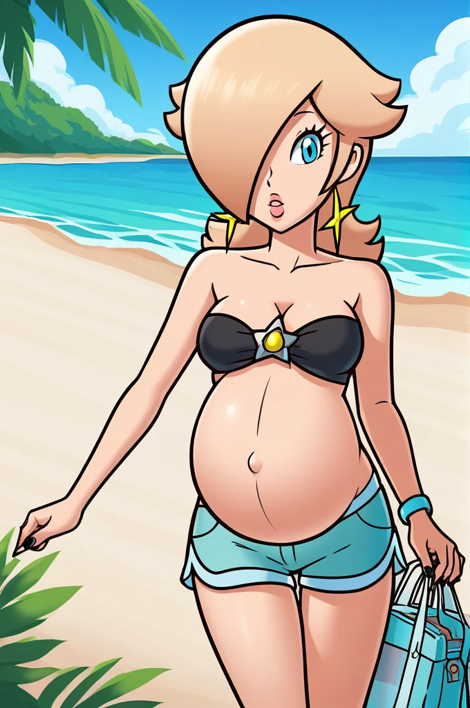 score_9, score_8_up, 1girl, solo, rosalina, style parody, thick outlines, black bikini, top, shorts, pregnant, belly, sleeveless, strapless, cleavage, beach, black nails