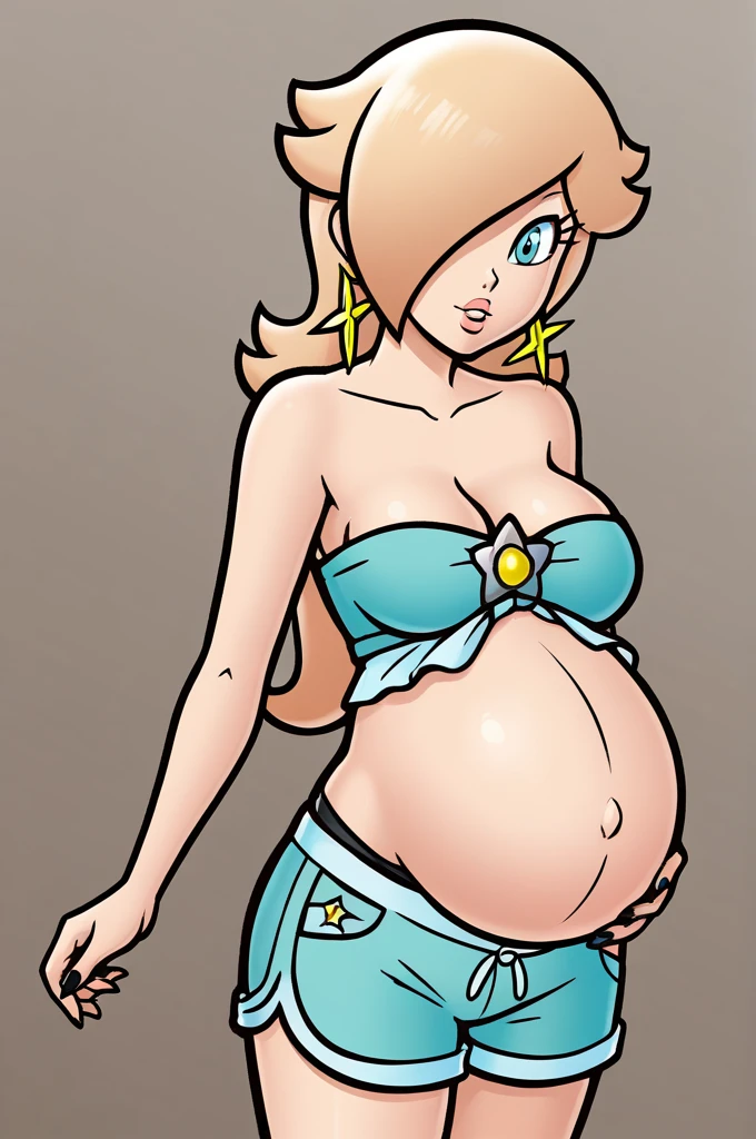 score_9, score_8_up, 1girl, solo, rosalina, style parody, thick outlines, black bikini, top, shorts, pregnant, belly, sleeveless, strapless, cleavage, beach, black nails