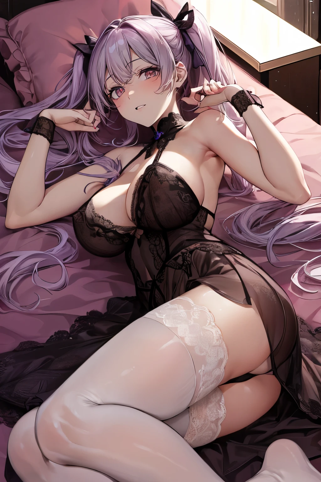 ((Mastepiece)), ((Best Quality)), (((Slender girl))), (Very detailed), ((Shooting from the feet:1.3)),((cute)), ((Very detailedな顔)), 4K, (8k), Highest quality, (beautiful), ((Huge breasts:1.4)), Erect nipples、((Light purple hair in long twin tails)), (((Lace Lingerie,See-through,ribbon))), ((Lace Stockings)),(((Lying in bed:1.3))),((Perfect body)),blush、Captivating body,Embarrassing、Embarrassed、White Breath