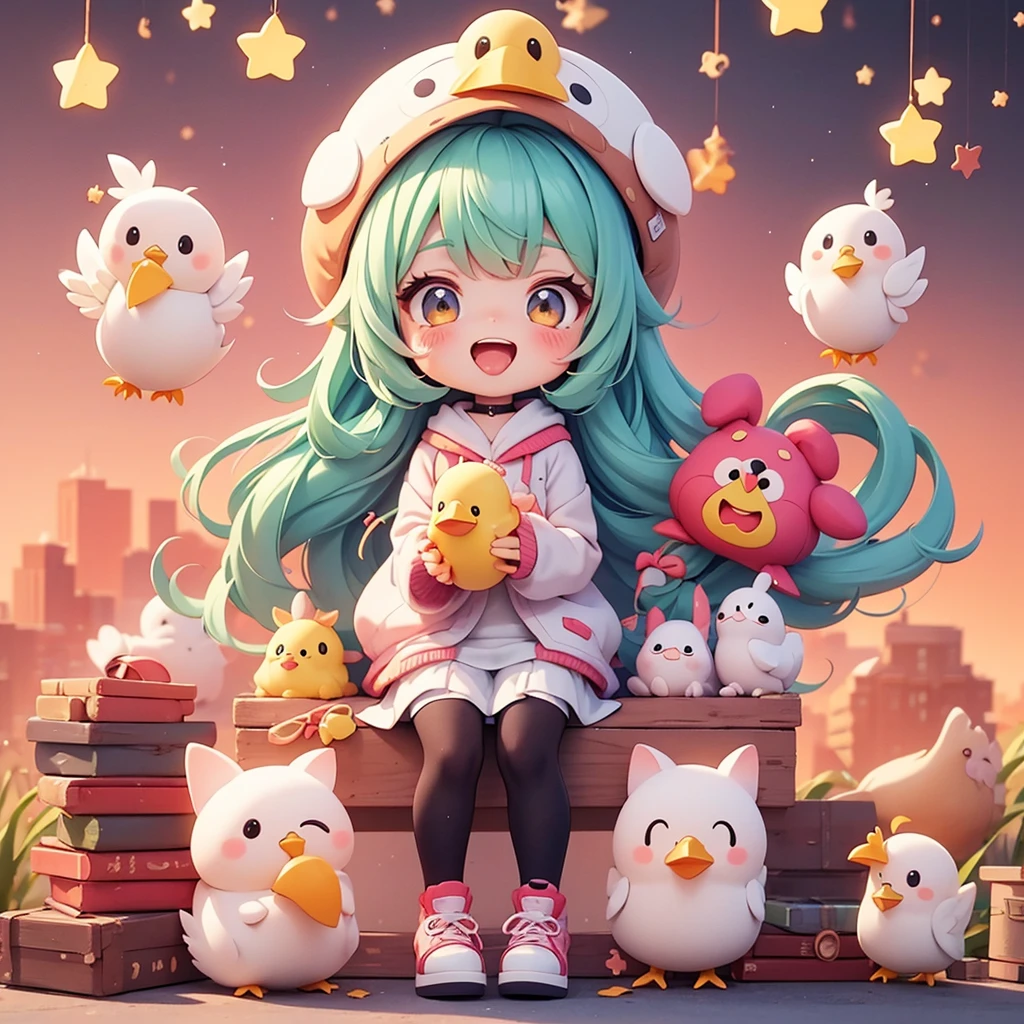 Character sticks out tongue.
Playful character,The characters laugh., Wearing a chicken costume、Wearing a hat、cartoon girl holding something in hand,  The cutest kawaii stickers ever, Cute digital art, 《Q version girl》, Cute anime style, Lovely and detailed digital art, Anime Q version, Cute anime girl, Chibi anime girl, Ruan cute vtuber, Sticker illustrations