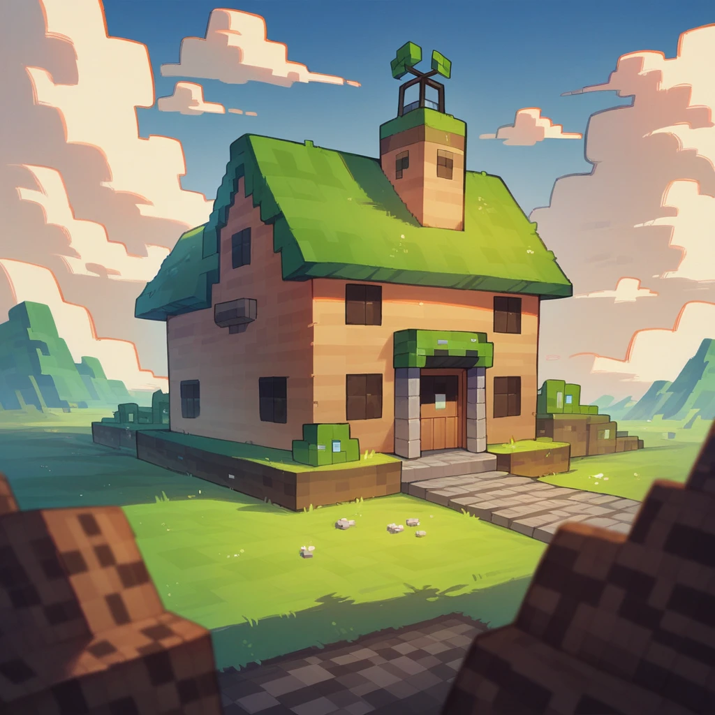 (HD, RTX), anime, girl, minecraft, minecraft world, house in background