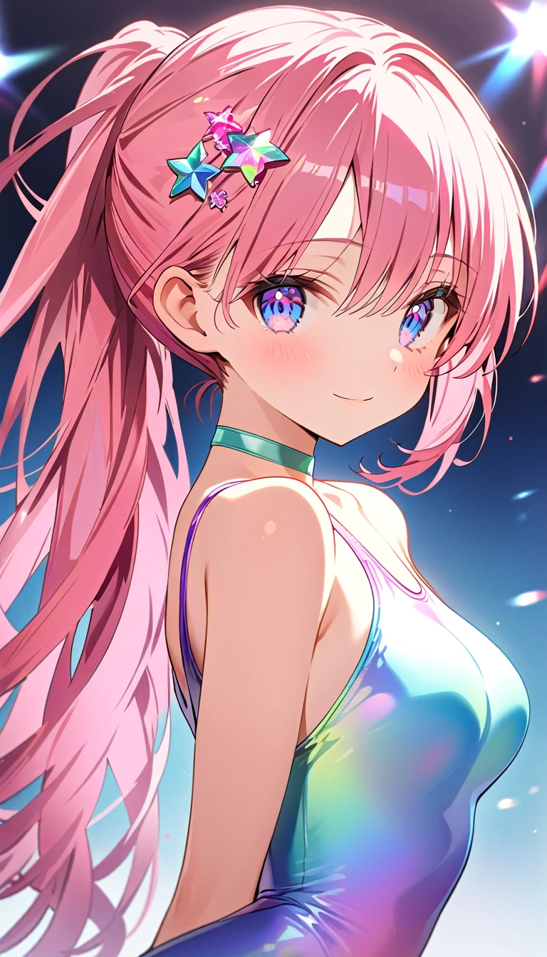 highquality illustration, masterpiece, very delicate and beautiful, attractive girl,(gymnastics leotard,long sleeve leotard with glittery decoration,high_leg leotard,athletic leotard,tight-fit leotard,iridescent gradient leotard,long-sleeve leotard),thin,slender body,slim,high school,gymnasium background,gymnastics club,gymnastics athlete,princess, beautiful eyes,light smile,(masterpiece, best quality:1.2), highres, extremely detailed CG unity 8k wallpaper, perfect lighting, Colourful, ultra-high res,4K,ultra-detailed, photography, 8K, HDR, 17 ages,cowboy shot,