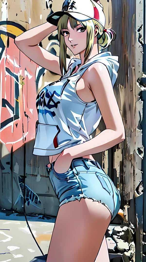 masterpiece, highest quality, Super detailed, 8k, Photorealistic, 25 year old, Caucasian woman alone, Tomboy, Super detailed face, (head shot:1.5), Standing against a wall covered in hip-hop graffiti,  blonde hair color, long pony tail, hair bangs,  wearing a yellow short tank top and an unzipped hoodie., huge breasts visible, Nice butt, Wearing a yellow New Era cap, beautiful perfect face, seductive smile, blue low rise jeans shorts, tsukuyo from gintama