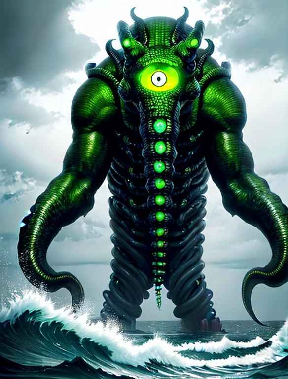 A colossal, tentacled creature looming over a stormy sea, with glowing green eyes.  