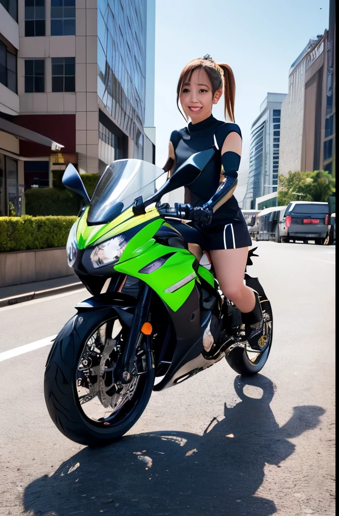 Shining Korean beauty with cybernetic arm,(Transparent and revealing clothing:1.3, ),(Cyber Girl is、Ride through a futuristic city in a colorful vehicle, Custom painted green Kawasaki Ninja bike:1.3),mini skirtを履いてバイクに跨り白いパンティが見えてます、Kawasaki Ninja 250、Show me her white panties.、 （Ultra mini skirt:1.3）、Shiny light brown and orange striped ponytail hair,Cute Smile,Perfect round face,A bright smile that makes everyone happy,Proper body balance,Tabletop,Ultra-high quality output images,High resolution,Intricate details,Very delicate and beautiful hair,Realistic photos,dream-like,Professional Lighting,Realistic Shadows,Focus Only,Beautiful Hands,Beautiful fingers,Detailed functions of the fingers,Detailed characteristics of the garment,Detailed characteristics of hair,Detailed facial features,