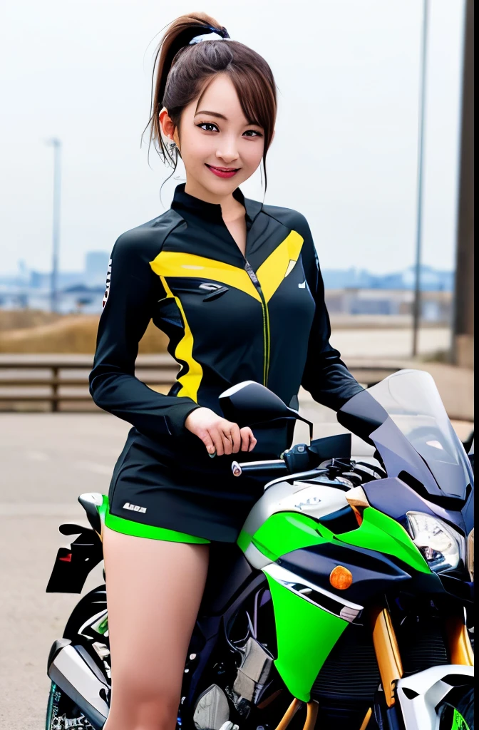 Shining Korean beauty with cybernetic arm,(Transparent and revealing clothing:1.3, ),(Cyber Girl is、Ride through a futuristic city in a colorful vehicle, Custom painted green Kawasaki Ninja bike:1.3),mini skirtを履いてバイクに跨り白いパンティが見えてます、Kawasaki Ninja 250、Show me her white panties.、 （Ultra mini skirt:1.3）、Shiny light brown and orange striped ponytail hair,Cute Smile,Perfect round face,A bright smile that makes everyone happy,Proper body balance,Tabletop,Ultra-high quality output images,High resolution,Intricate details,Very delicate and beautiful hair,Realistic photos,dream-like,Professional Lighting,Realistic Shadows,Focus Only,Beautiful Hands,Beautiful fingers,Detailed functions of the fingers,Detailed characteristics of the garment,Detailed characteristics of hair,Detailed facial features,