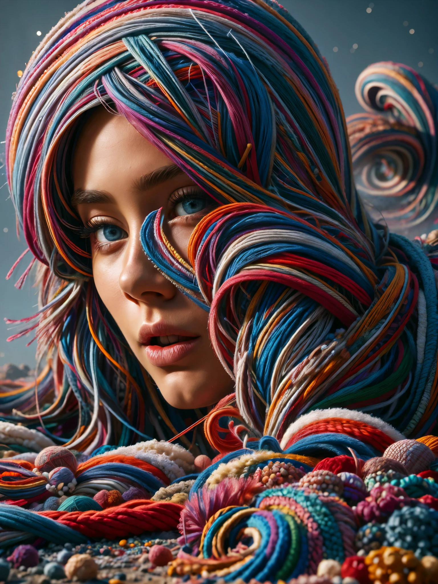 a girl running away from a huge ball of yarn, beautiful detailed eyes, beautiful detailed lips, extremely detailed eyes and face, beautiful eyelashes, scared expression, alone, 1 girl, fantasy, photography, high quality, best quality, 4k,8k, high resolution, masterpiece:1.2, ultra detailed,r ealistic, photorealistic, photorealistic:1.37, HDR, UHD, studio lighting, ultra-fine painting, sharp focus, physically based rendering, extreme detail depiction, professional, vivid colors, bokeh, fantastic art , capricious.