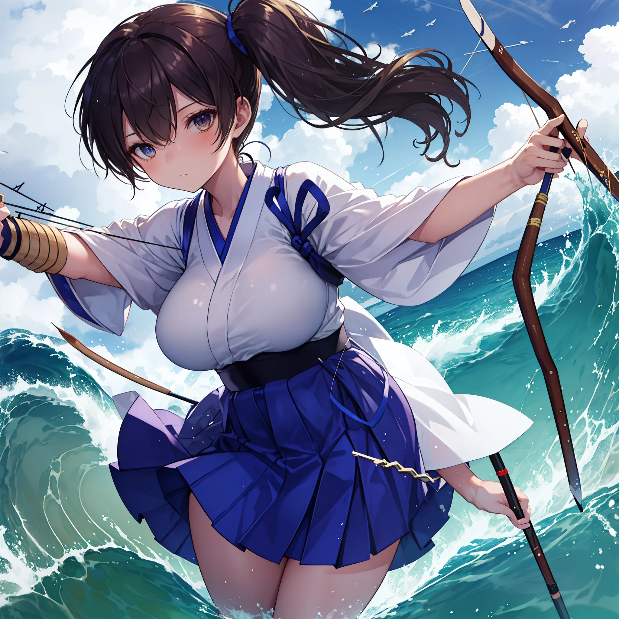 Kaga(Fleet Collection),highest quality, masterpiece, High resolution,kimono,blue skirt,side ponytail,big_breasts,solo,Japanese_bow&arrow,dynamic_posing,half_eyes,solo,plump,sea_landscape_background,waves