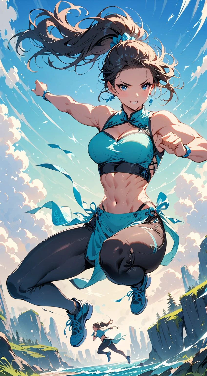 beautiful muscular woman doing a jumping kick, six pack, high ponytail ,women in background , Chinese dress crop top, and leggings , full body portrait