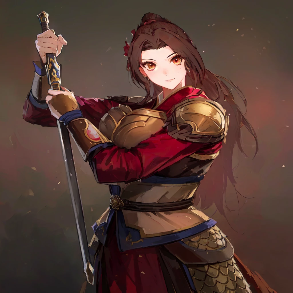 Three Kingdoms,Dynasty Warriors,A woman with a sword,Mai Shiranui,Dark brown hair,armor,中国armor,Royal sister,Animation Characters,Huge Breasts